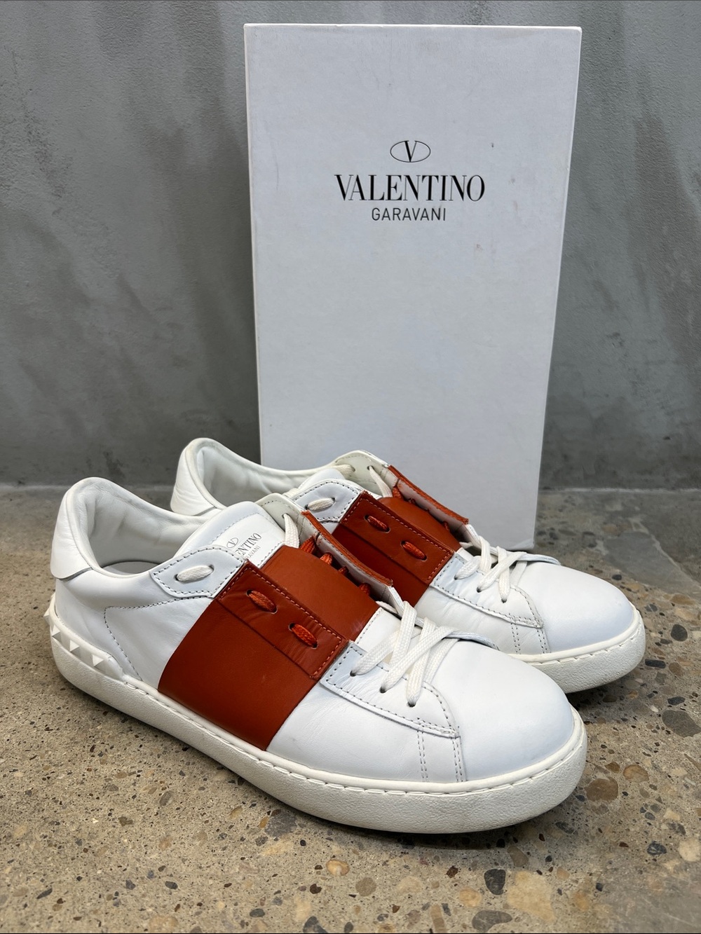 Valentino Garavani White Leather Sneakers with Orange Strap